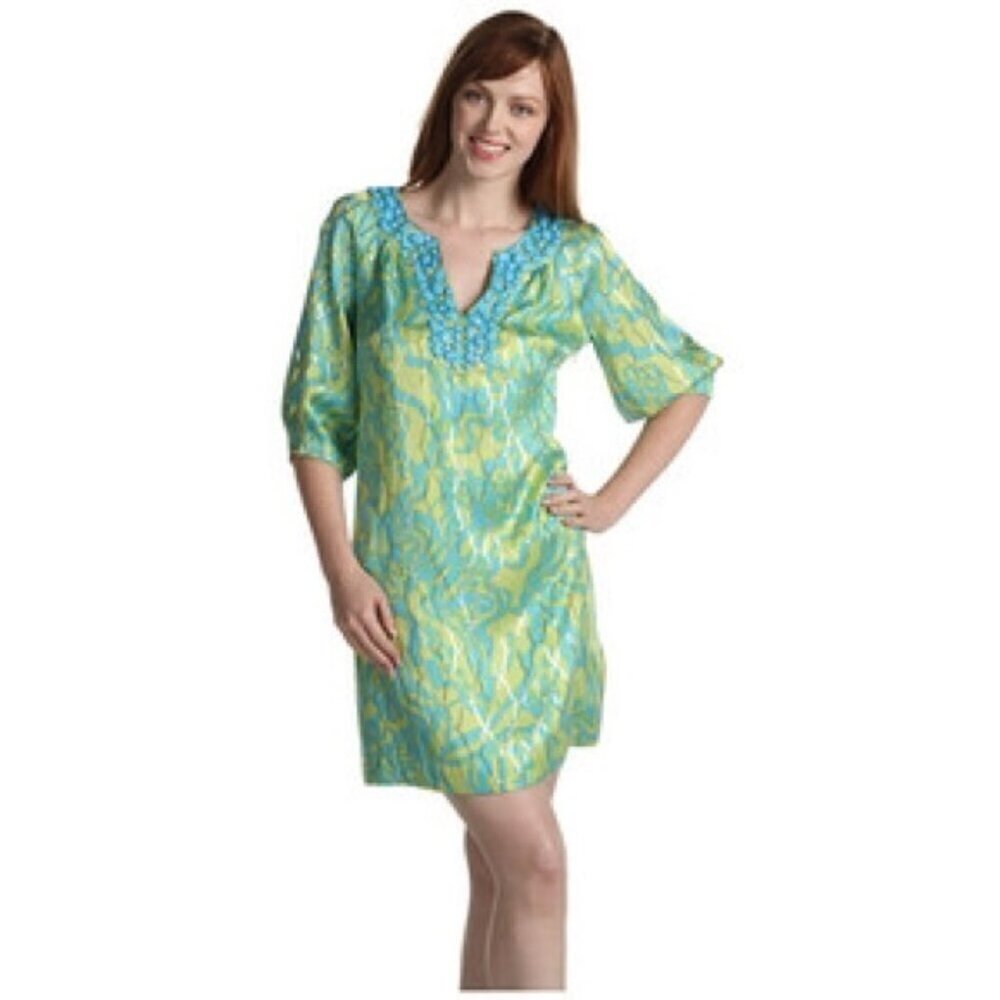 Lilly Pulitzer Alice Dress ~ Lurex Shine Lush Green Wild Orchid Print 10
